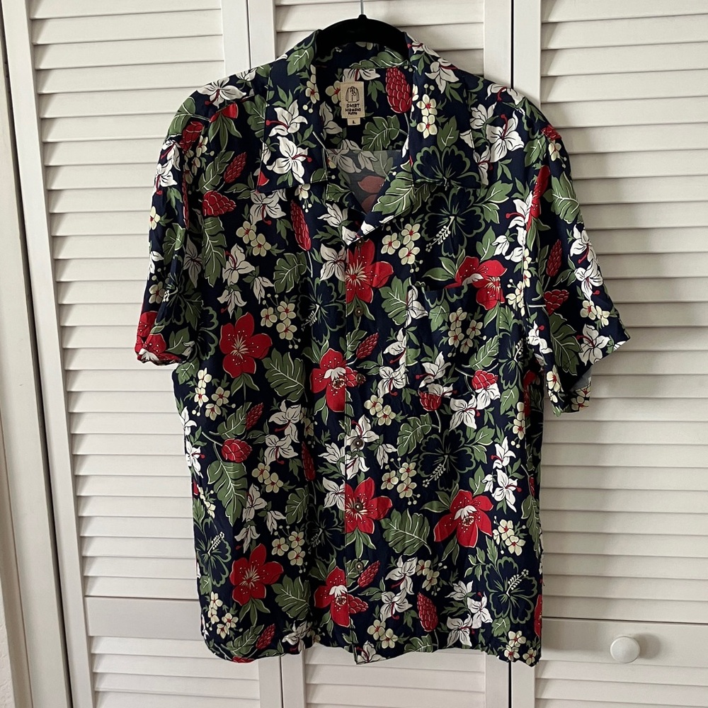 Hiroshi Kato The Wrench Hawaiian Shirt Mens Large Navy Multicolor Floral Print